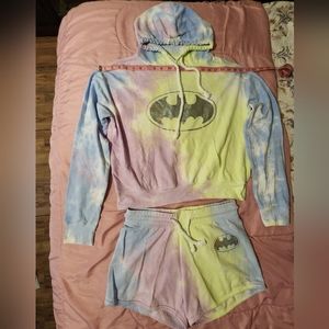 Batman long sleeve Hoodie w/ matching shorts. Multi tie die size Large